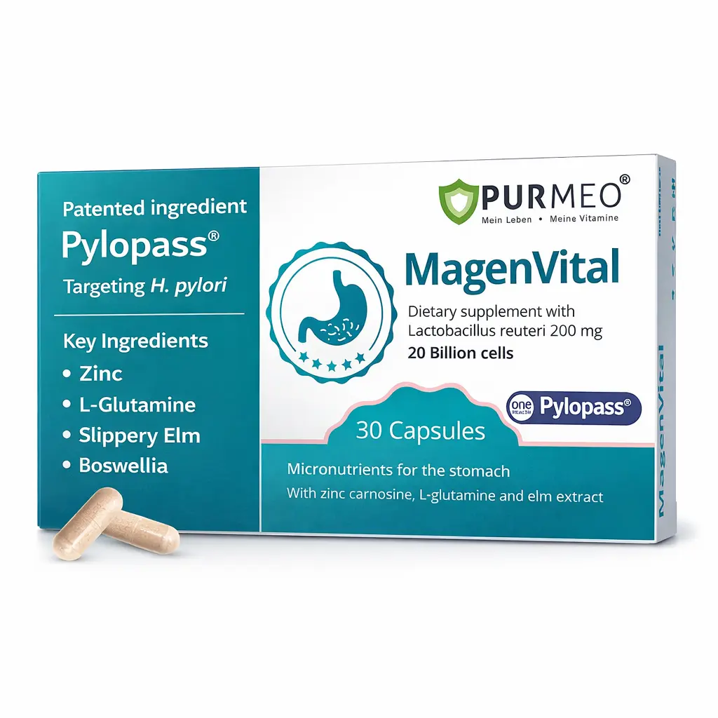 Purmeo Targeted Balance H. Pylori Dietary Probiotic Supplement - 5-in-1 High-Efficiency Formula, Vegan, 20B Cells, Daily Gut Health, Gastric Support, Digestive Comfort, Stomach Lining Protection, Pylopass Lactobacillus reuteri DSM 17648, Healthcare