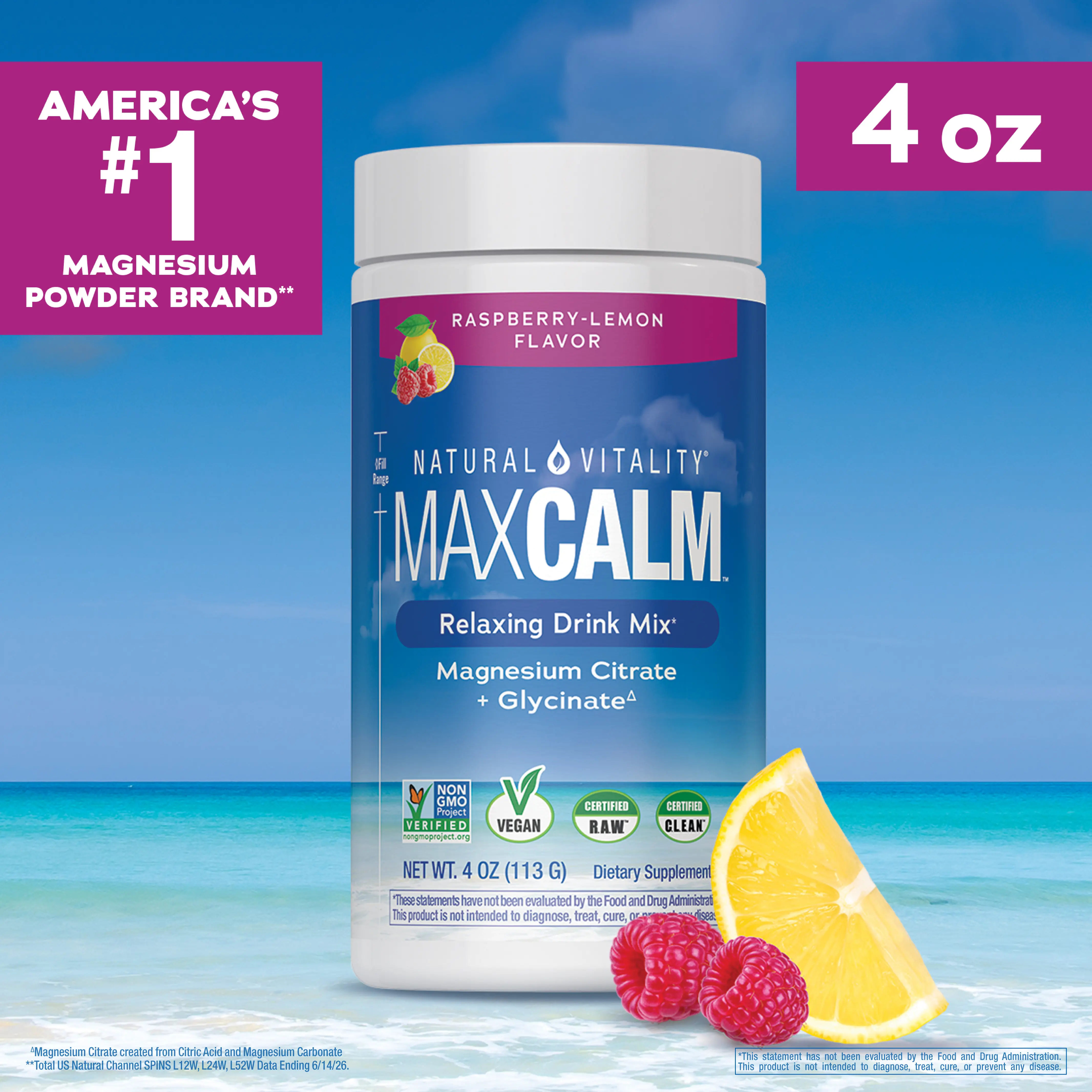 Max CALM 4 oz Relaxing Drink Mix - Raspberry Lemon Flavor - Magnesium Citrate Supplement -  4 oz (113 g) - 28 servings