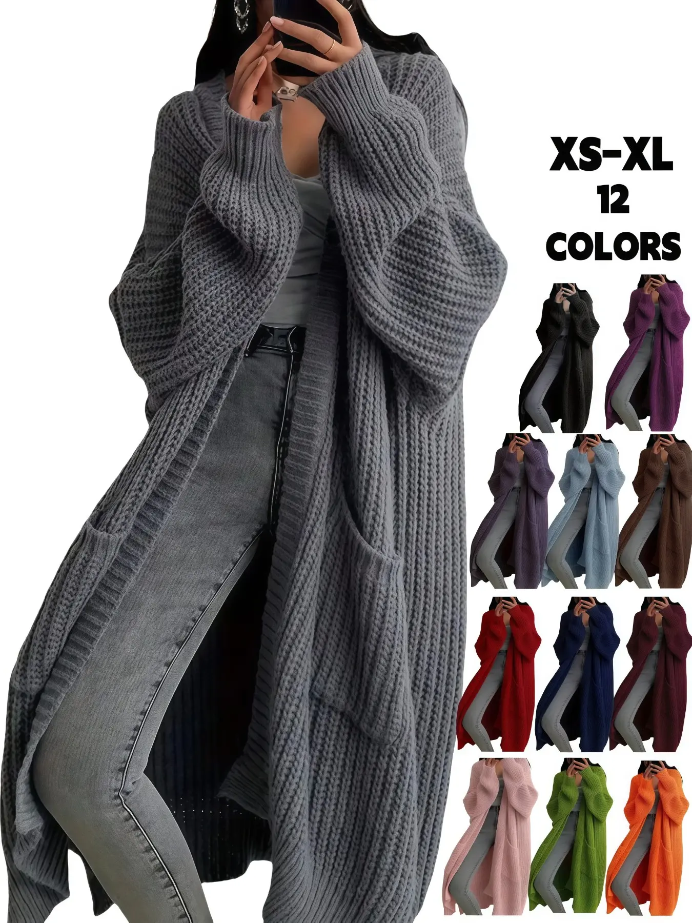 Women's Oversized Y2K Cardigan, Boho Cardigan Sweater - Long Sleeve, Open Front, Ribbed Knit with Pockets, Loose Fit, Long Length, Perfect for Fall & Winter, Casual Wear, Loose Fitting Knit, Knitwear