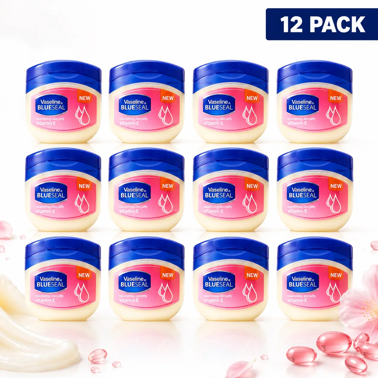 Vaseline Blue Seal Vitamin E Nourishing Petroleum Jelly Bulk Pack (12 x 50mL/1.7oz) - Sensitive Skin Moisturizer for Deep Hydration, Dry Skin Relief, Body, Face & Lip Care, Compact Daily Gentle Balm