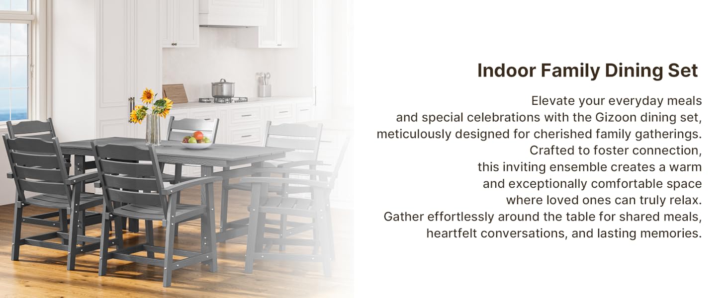 Gizoon 7 Piece HIPS Patio Furniture Set, Dining Table and Chairs for 6, Outdoor Dining Table Sets with Umbrella Hole, Patio Dining Set for Garden, Backyard, Lawn, Grey