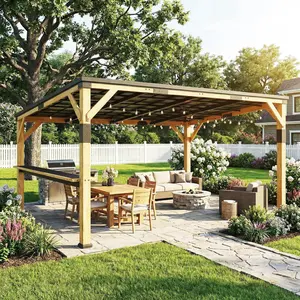 Outsunny 10' x 14' Wooden Gazebo, Hardtop Lean-to Gazebo Pergola with Galvanized Steel Sloped Roof, Bar Shelf, Large Heavy Duty Awning for Patio, Deck, Backyard, Natural Wood