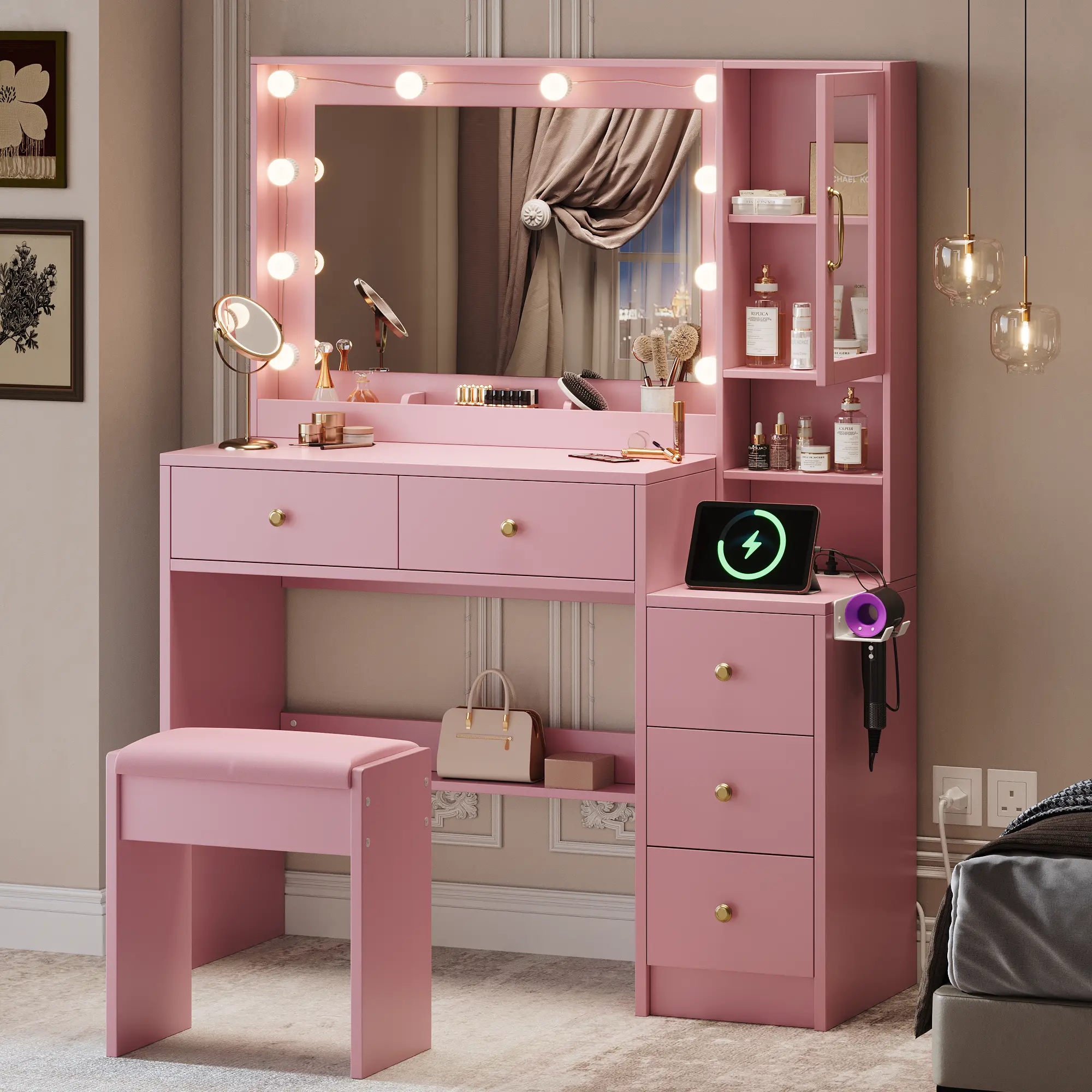 Vanity Desk with Mirror and Replaceable Lights Set with 5 Storage Drawers Power Outlet & Chair with RGB Ambient Light Adjustable Brightness for Girls Bedroom Large Corner Desk Vanity Makeup Vanity Desk vanity mirror White