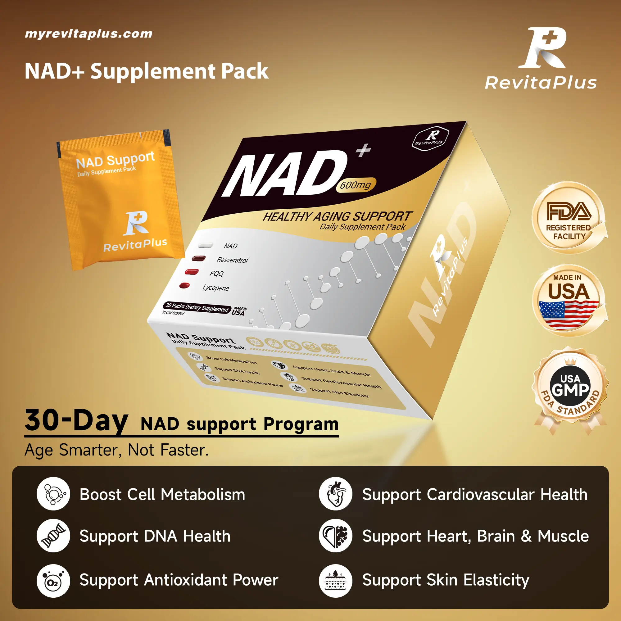 RevitaPlus NAD+ Support Daily Supplement Pack with Resveratrol Lycopene & PQQ for Energy Cellular Health & Healthy Aging 30-Day Wellness Pack