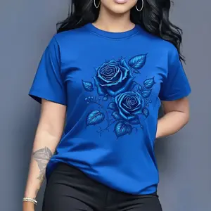 Wo Rose Print Short Sleeve Round Neck T-Shirt - Medium Stretch Comfortable Fabric, Suitable All Seasons, Washable Breathable Casual Top, Loose Fashion Pattern Shirt, Must-Have Trend Enthusiasts