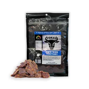 Yoked Jerky Western Teriyaki Flavor Snack - Premium Brisket Beef Jerky 3 oz Gluten Free No Added MSG Low in Fat Made in USA Corn Dried Salt Dry Garlic Sugar Sweet