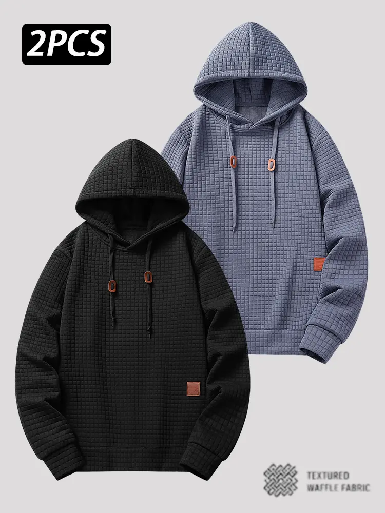 Men's Waffle Textured Pullover Hoodie, 1 or 2 Pack Long Sleeve Hooded Sweatshirt with Adjustable Drawstring, Ribbed Cuffs and Hem, Relaxed Fit Casual Top for Daily Wear, Streetwear, Travel, Outdoor Activities, Spring, Fall and Winter, Black or Gray Blue