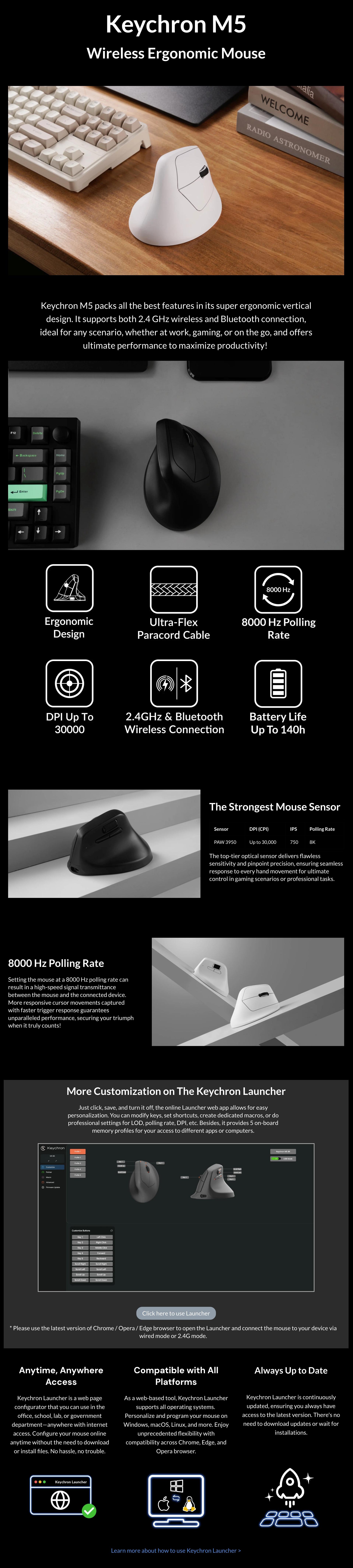 Keychron M5 Wireless Ergonomic Mouse with PixArt 3950 Sensor 2.4 GHz Bluetooth USB Wired Connectivity 8K Polling Rate 47° Vertical Design