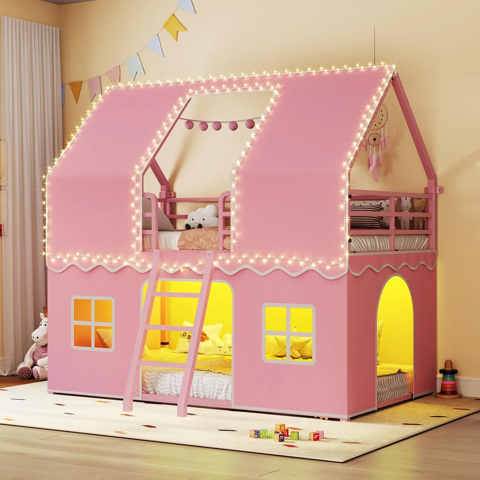 SIKAIC Vertical Twin Over Twin Playhouse Metal Bunk Bed Frame - LED Lights, Play Curtain Panel, Safety Guardrails, Included Ladder, Kids Furniture Bedroom, Metal Bunkbeds Frame,familyfun