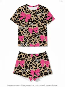 Leopard & Pink Bow Pyjama Set  + FREE 3pc Laundry Kit, Animal, Jersey