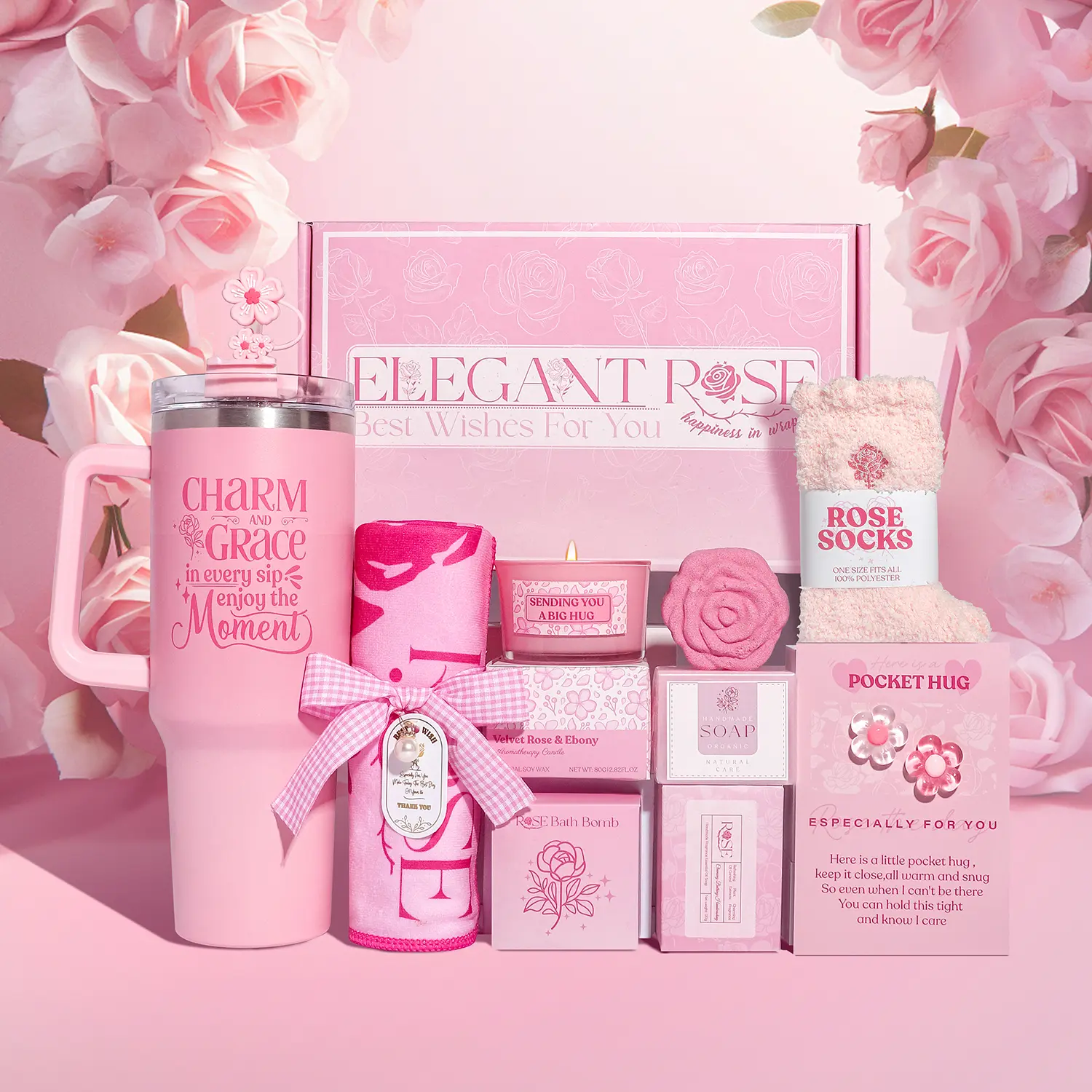 Pink Gifts for Womens Self Care Essentials Gift Set - Pink Birthday Gifts Box for Women Spa Gift Basket for Mom Sister Best Friend Work Friend, Gift Package for Women Pampering Gifts w/ 40oz Tumbler
