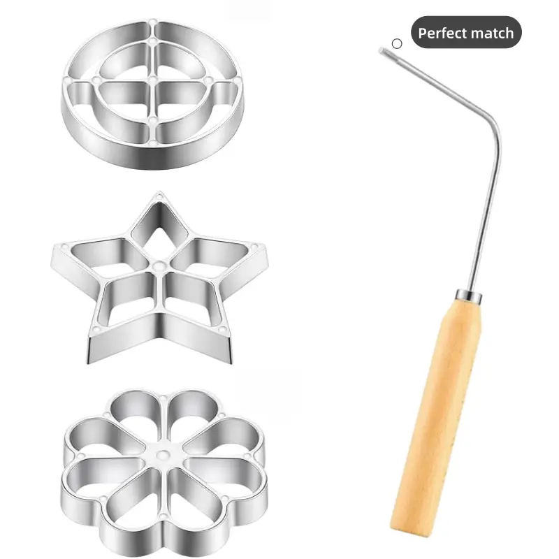 4-Piece Food-Grade Aluminium Alloy Bakeware Set - Handy Sturdy Wooden-Handle Pancake & Cookie Press with Oil-Resistant Utensils, 3 Head-Swap Molds (Circle/Star/Flower) for Kitchen Baking & Frying