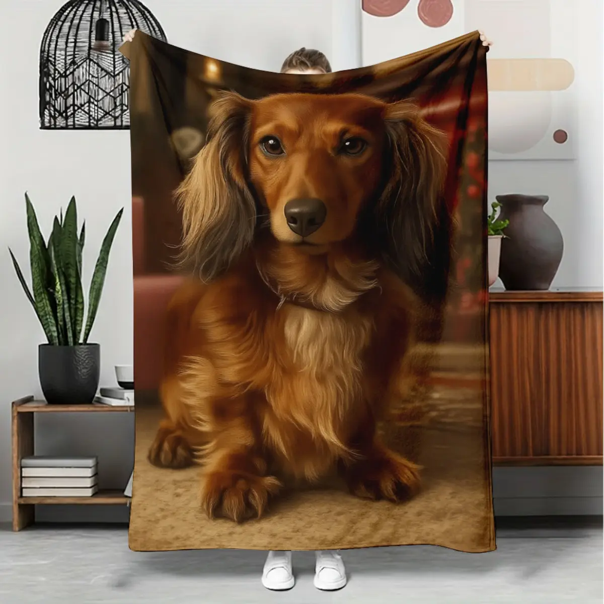 1pc Modern Vintage-Style Full Synthetic Blanket - Dachshund Print & Other Patterns, Breathable Softness, All-Season Use for Napping/Sleeping, Indoors Outdoors Home Travel Accessory, One-Piece