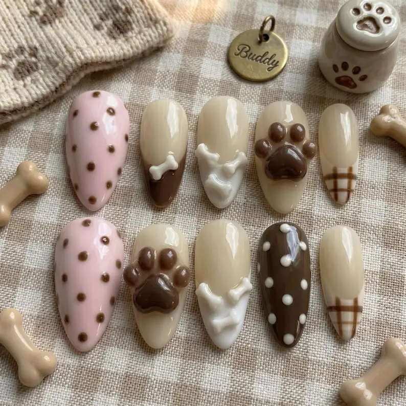 3D Dog Paw and Bone Press On Nails | Polka Dot and Plaid Fake Nails in Medium Almond | Handmade Kawaii Puppy Nail Art