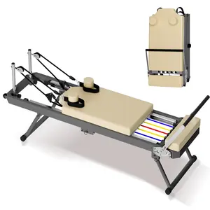 Foldable Pilates Reformer for Home Gym - 400lbs Capacity, 5 Colored Latex Tubes & 11 Resistance Levels, Space-Saving Equipment with UP Leather Surface