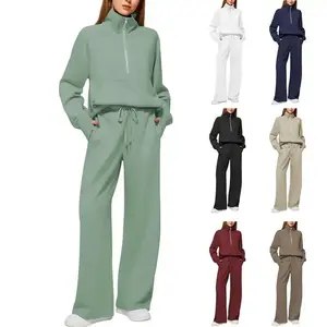 Two piece set with over half zipper sweatshirt, wide leg sweatpants, casual suit for women