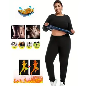 Women's plus Size Sauna Sweat Exercise Suit-Polyester Fiber Mixed with Spandex, round Neck Long Sleeve Top and Yoga Fitness Leggings That Promote Sweating, High Elasticity, Solid Color, Pullover, Knitted Fabric-Autumn and Winter Sports Vitality Clothing S