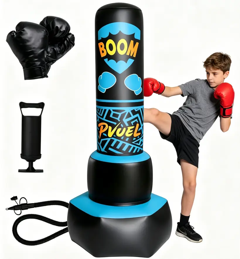 Kids' Inflatable Punching Bag with Gloves - 66in Large Size Double-Layer Thick PVC Boxing Toy, 31in Base Diameter Fast Rebound Inflatable Base, for Karate Practice, 6+ Years, Holidays/Birthdays Gift, Sports & Outdoor Martial Arts Equipment