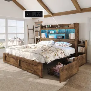 【Ships in 2 Boxes】AMERLIFE Bed Frame with 49.6" Bookcase Headboard & 2 Bedside Stoage Racks & 4 Drawers, Farmhouse Wood Bed Frame with RGB LED & Charging Station,Best Gift Ideas/Christmas Gifts