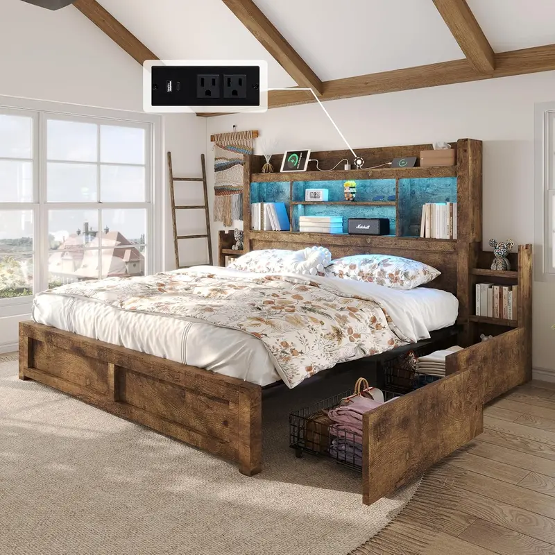 【Ships in 2 Boxes】AMERLIFE Bed Frame with 49.6" Bookcase Headboard & 2 Bedside Stoage Racks & 4 Drawers, Farmhouse Wood Bed Frame with RGB LED & Charging Station,Best Gift Ideas/Christmas Gifts