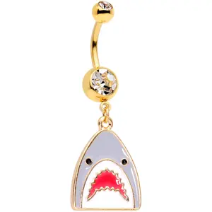 Clear Gem Gold Tone Shark Attack Dangle Belly Ring
