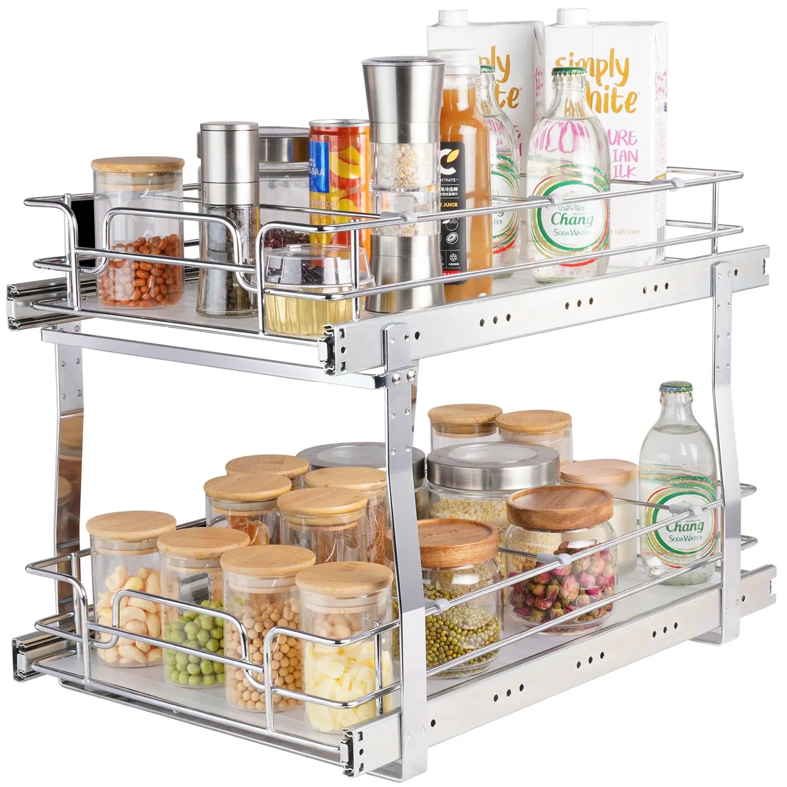 VEVOR 2-Tier Chrome Steel Kitchen Cabinet Organizer, 13"W x 21"D Durable Roll-Out Drawer Basket with Detachable Trays & Ball Sliding System, Easy-to-Clean Heavy-Duty Storage Rack for Bathroom Under Sink