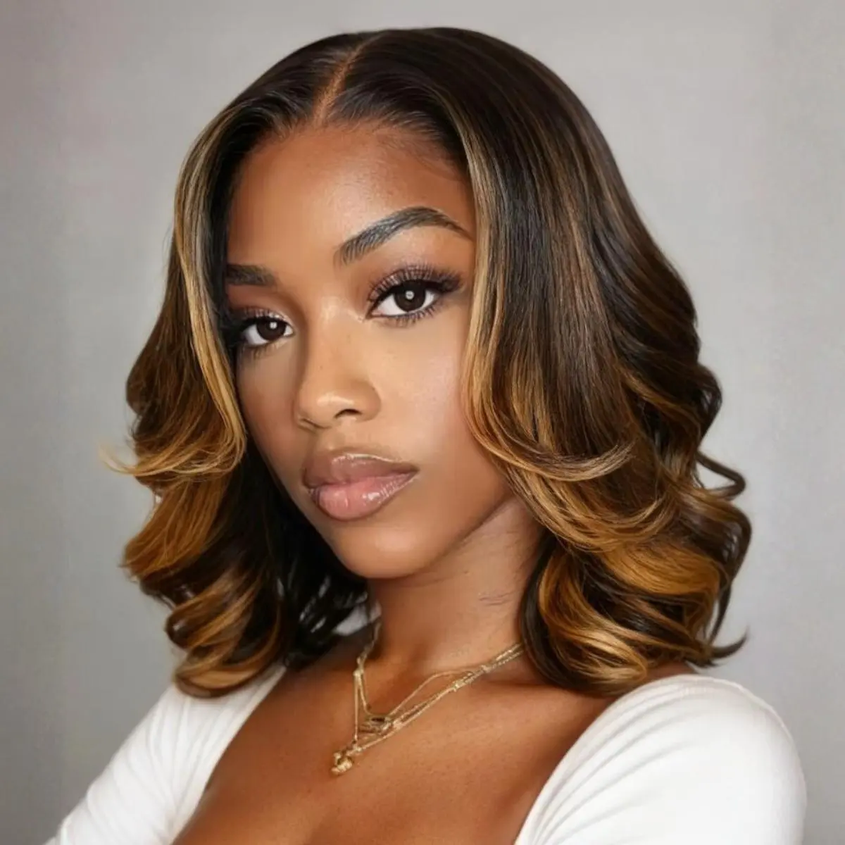 Sunber Balayage Highlight with Golden Brown Body Wave Bob Wig 13x4 HD Glueless Lace Frontal Human Hair Wgis with Drawstring