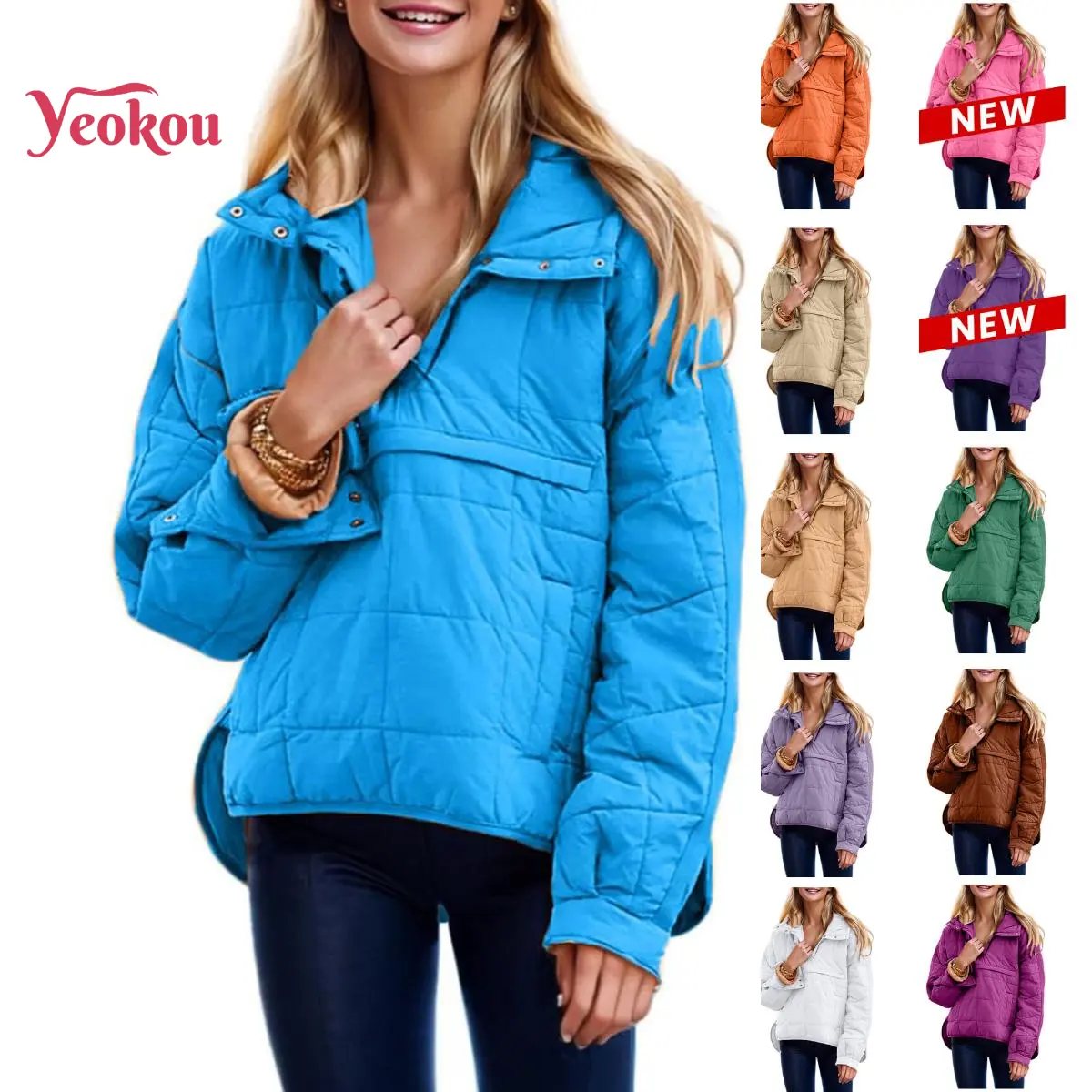 Yeokou Women's Loose Oversized Hooded Quilted Puffer Coat - Nylon Fabric, Snap Buttons, Foldable, Lightweight Longsleeves Basic Cowl Pullover Tops, Winter Warm Casual Street Style Outerwear, Coats, Layering Outfits, Street Wear, Outdoor Activities, Easy T