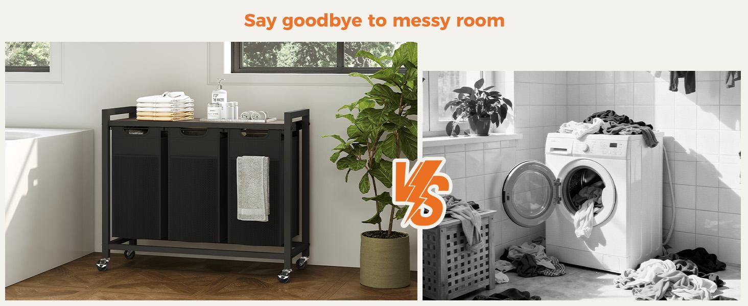 Laundry Hamper, Laundry Sorter with Shelf, Clothes Basket Organizer with 2 Pull-Out and Removable Bags, Movable Wheels for Laundry Room Bathroom Bedroom, Metal Frame, Black