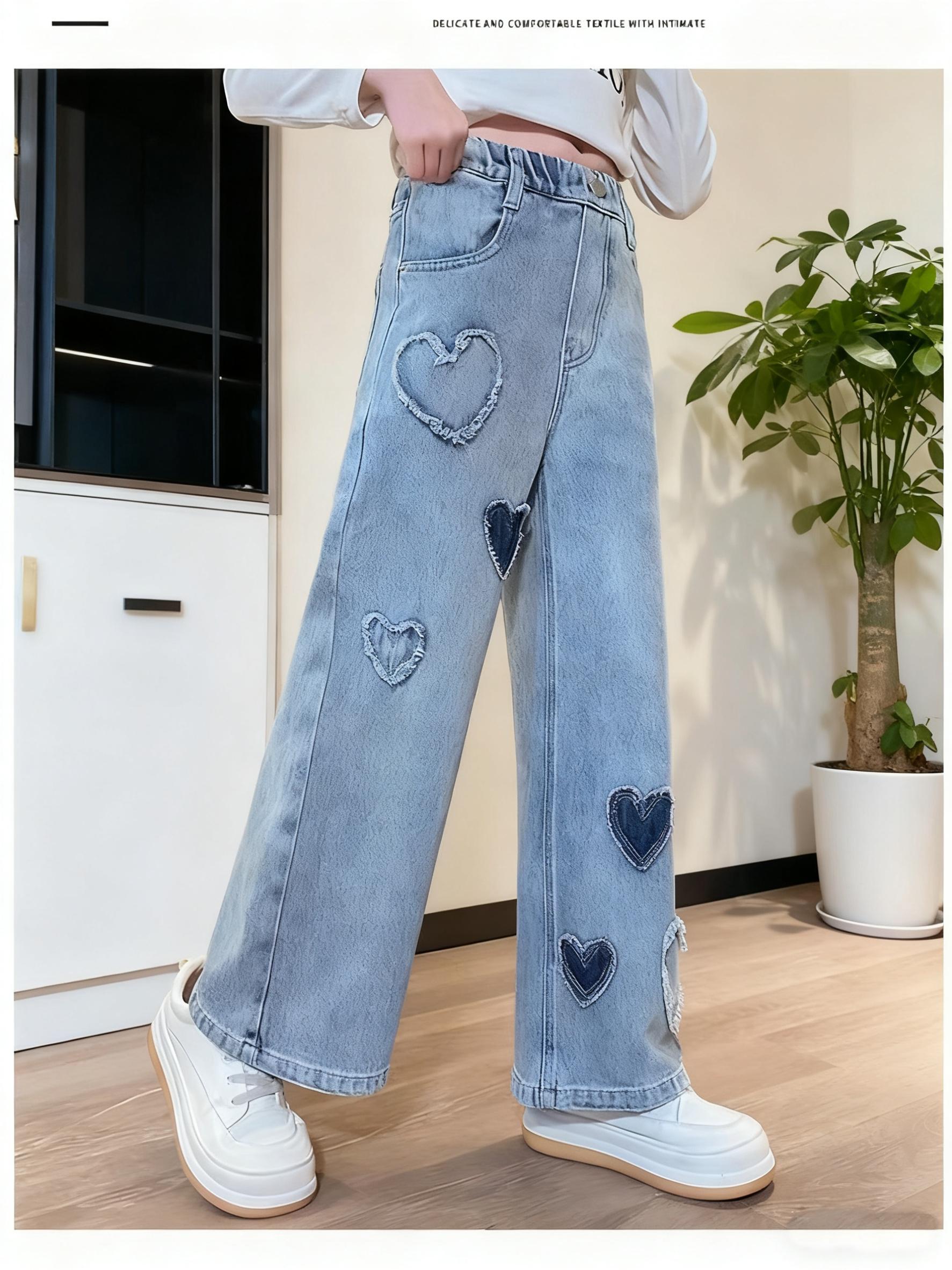 Girls' Jeans Spring and Autumn New Loose Casual Straight Leg Wide Leg Jeans with Heart Love Patch Design