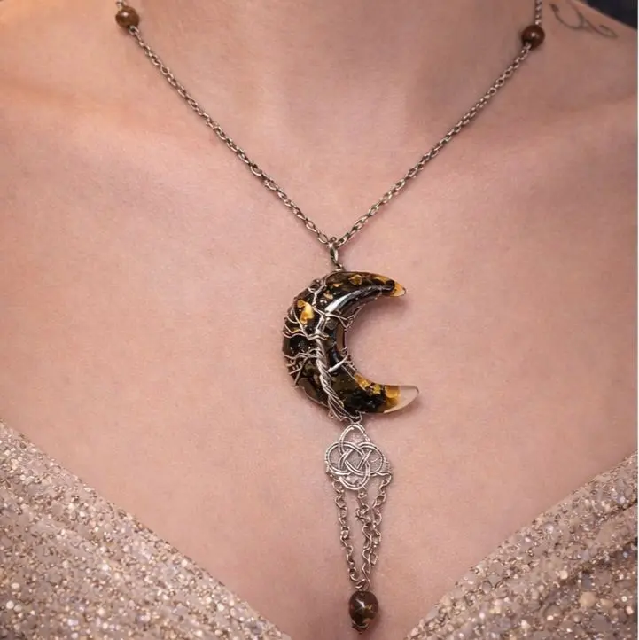 Enchanted Crescent Moon Necklace with Intricate Wirework and Tiger Eye Beads for Mystical Style