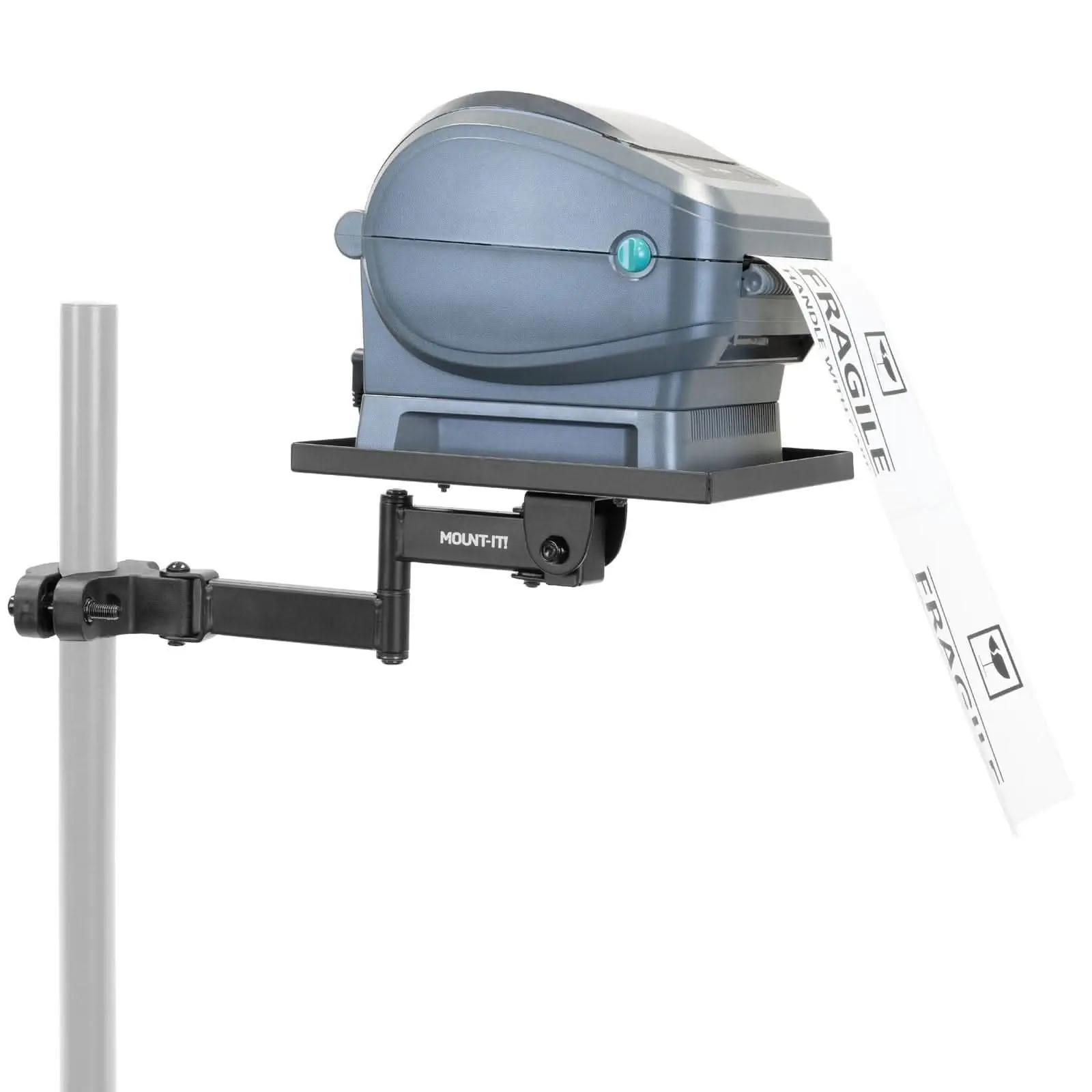 Mount-It! Adjustable Printer Pole Mount with Cable Management, Tray, Motion Arm, 180° Swivel & 360° Rotation for Thermal Label Printers, Warehouse Shipping Tasks