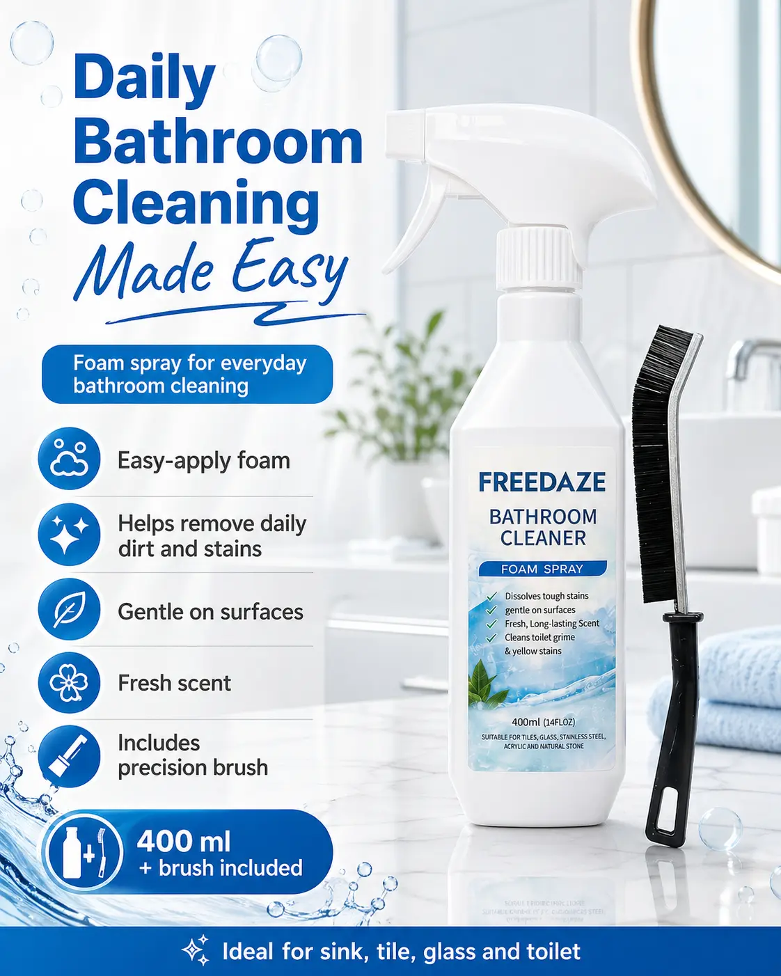 FREEDAZE Bathroom Foam Cleaner Spray with Brush, 400ml / 14 Fl Oz Bathroom Cleaner for Soap Scum, Hard Water Buildup, Tile, Sink, Tub & Shower