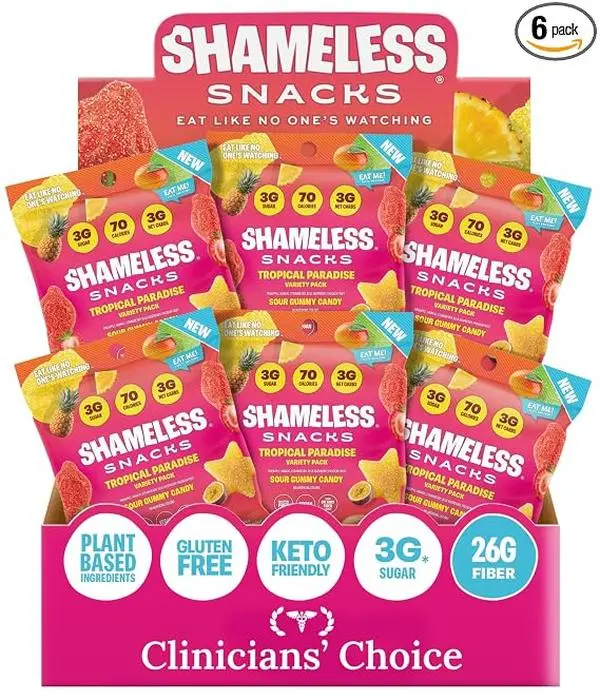 Shameless Snacks Tropical Paradise Mixed Sour Gummy Candy, 5 Tropical Fruit Flavors, Vegan & Gluten Free Gummies, 3g Sugar per Bag, Fruity Chewy Snack
