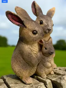 Concrete Rabbit Family Statue, Weatherproof Garden Lawn Decor