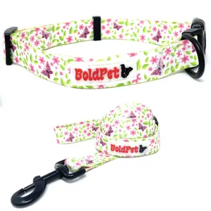 BoldPet Dog Collar and Leash Set - Butterfly Garden Collection for Comfort and Style -Adjustable Collar-Premium Polyester Material