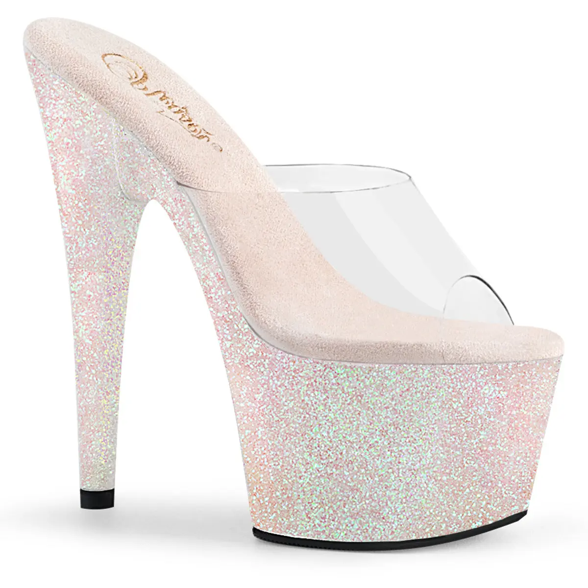 Pleaser Adore-701HMG Women's Elegant Footwear, Holographic Glitter Platform Slip-On Sandals, 7-in Stiletto Metallic High Heels Shoes, Fashionable Evening Party Heeled Sandals, Metallic Heeled Sandals