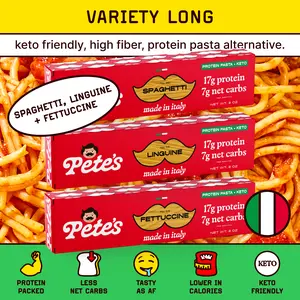 Pete’s Protein Pasta Variety Pack – Spaghetti, Fettuccine & Linguine – Protein-Packed, Less Carbs
