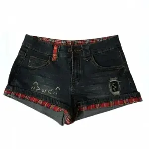 gym shorts Retro Red Plaid Splicing Denim Shorts Women's Summer Low Waist Slim Hip Wrap Hot Pants Y2k ShortsGift