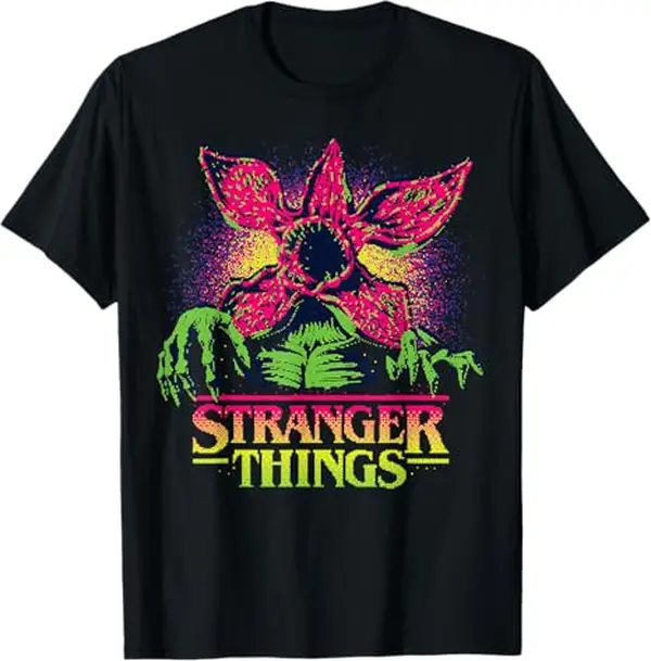Women's Plus Size Cotton Crew Neck Short-Sleeve Knit Graphic T-Shirt - Stranger Things Season 5 Retro Video Game Demogorgon Print Top, Sizes L-5XL, Fabric, Shortsleeve, Tshirt, Casual, Round Neck, Graphic Print, Lady, Clothes, Micro Elasticity, Christmas