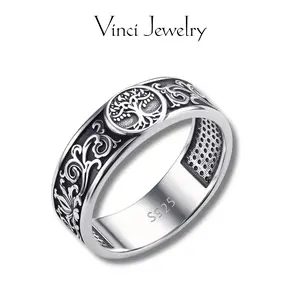925 Sterling Silver Vintage Tree of Life Ring, Retro Yggdrasil Design Norse Mythology Viking Jewelry Trendy Pagan Jewelry Unisex with Gift Box