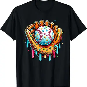 [Cotton Pattern T-Shirt]Men's Casual Short Sleeve Top Ice Cream Drip Baseball Stuff Baseball Drip Adult Pattern T-Shirt