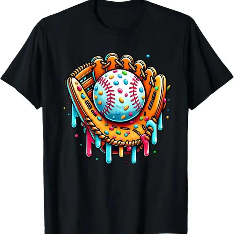 Men's Cotton Vintage Round Neck Short-Sleeve Print T-Shirt - Festive Ice Cream Drip Graphic, Distressed Baseball Streetwear Casual Sports Top, Tshirt