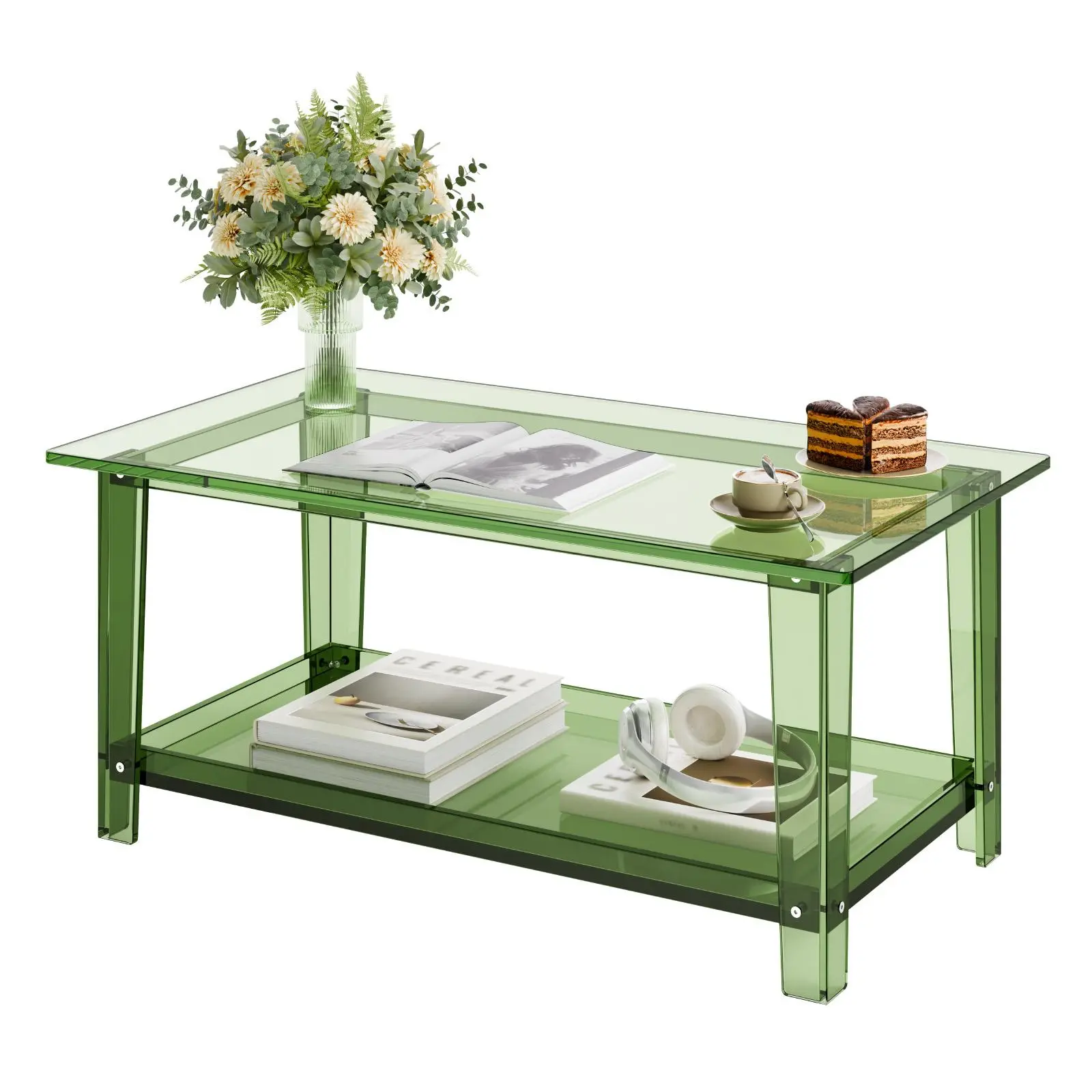 【SummerFinds】VEVOR Acrylic Coffee Table, 2 Tiers Center Table with Storage Shelf, Modern Rectangle Acrylic Coffee Desk, Ideal for Dining Room, Kitchen Island, Restaurant, Office, 19.7 x 31.5 x 15.7 in (Green)