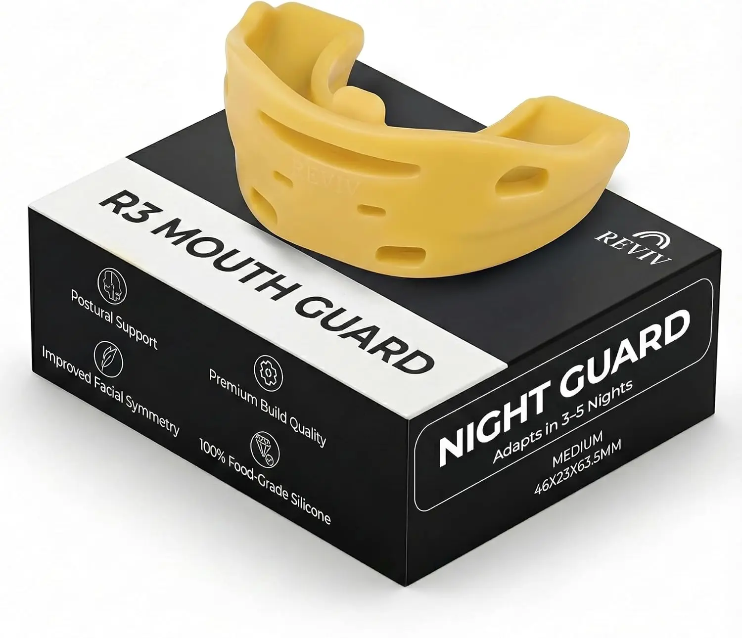 Reviv R3 Firm Silicone Night Mouthguard for Teeth Grinding & Clenching — Durable, Supportive Fit, Holds Its Shape, No Molding Required.
