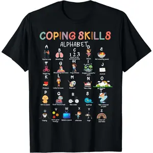 [100% Cotton] Colorful Coping Skills Alphabet Therapy Mental Health Awareness T-Shirt Top Vintage