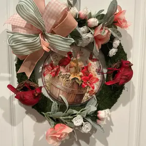 Spring Cardinal Wreath, Peach Floral Garden Door Hanger
