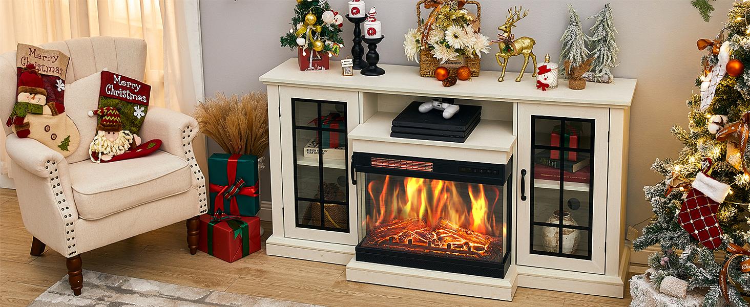 VanAcc 3-Sided Glass Fireplace TV Stand for TVs up to 65'', Media Entertainment Center Console Table with Door Closed Storage, Distressed White