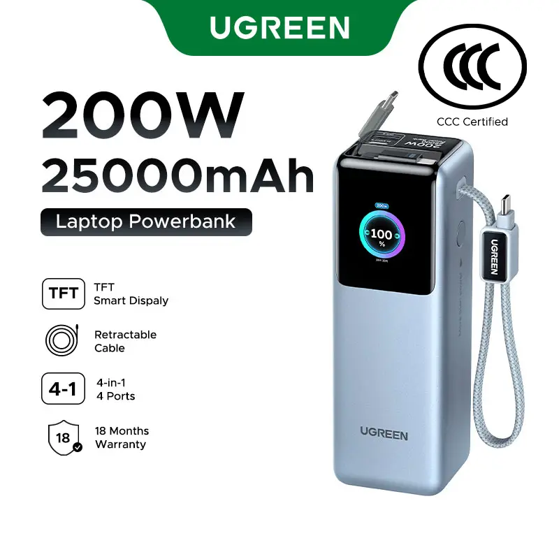 UGREEN Nexode Power Bank 25000mAh 200W Laptop Portable Charger with Built-in Retractable USB C Cable Fast Charging for MacBook Pro/Air/iPhone 17 16/iPad Pro/Galaxy S25 Ultra/Dell/HP and More DealsForYouDays Rechargeable Battery Pack