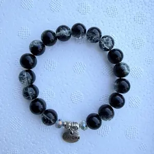 Handmade Black Crackle Bead Grandma Charm Beaded Stretch Bracelet. 7”